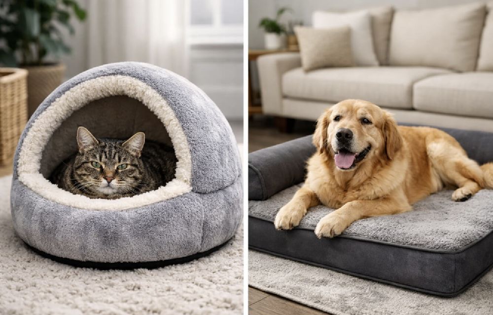 Колаж от две сцени, показващи различни видове легла за домашни любимци, като в едната котка лежи в меко затворено легло тип къщичка от плюш, а в другата голямо куче лежи върху ортопедично легло с равна повърхност в домашна обстановка, сцените са осветени с мека естествена светлина и подчертават комфорта и различните нужди на животните